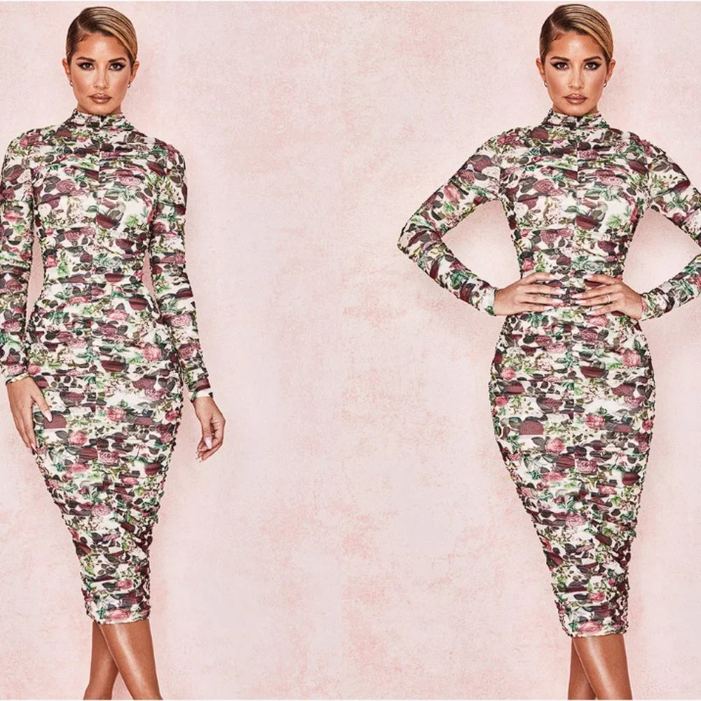 HOUSE OF CB 'Roseanne' Vintage Floral Ruched Midi Dress NWOT - Picture 3 of 5